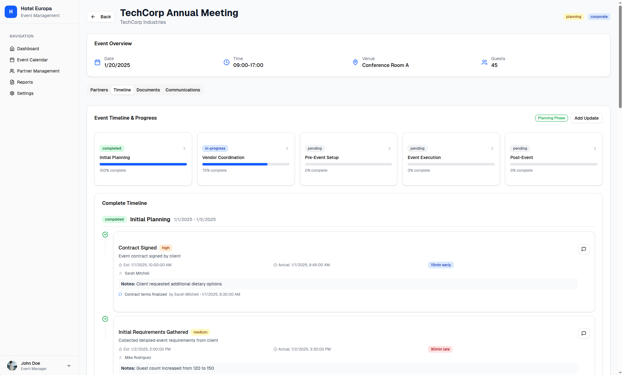 Event management platform dashboard